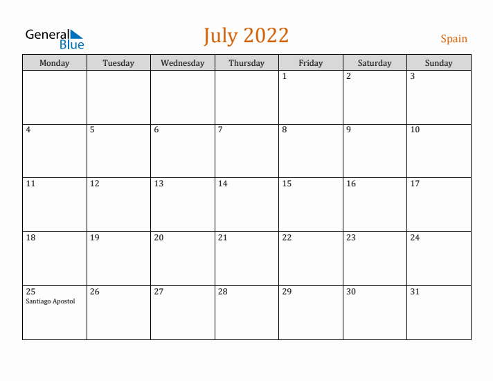 July 2022 Holiday Calendar with Monday Start
