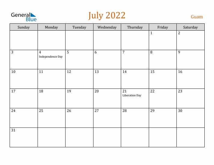 July 2022 Holiday Calendar with Sunday Start