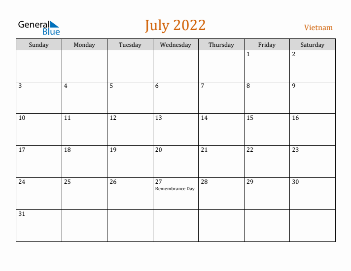 July 2022 Holiday Calendar with Sunday Start