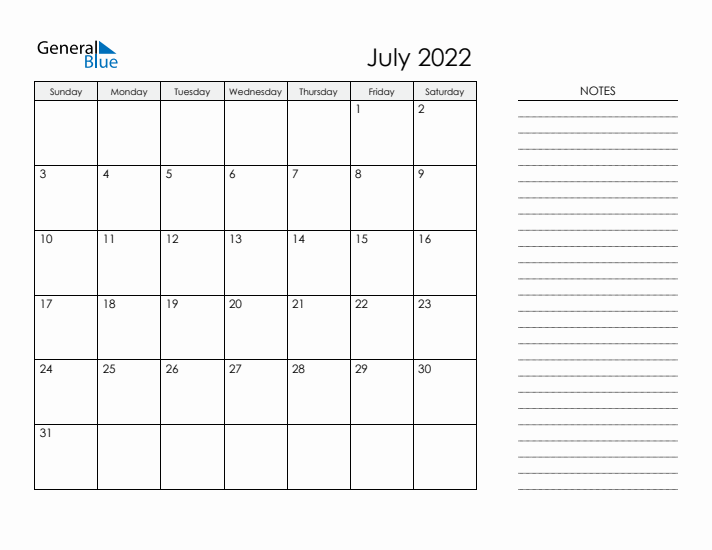 Printable Monthly Calendar with Notes - July 2022