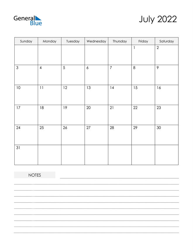  Printable Calendar with Notes - July 2022