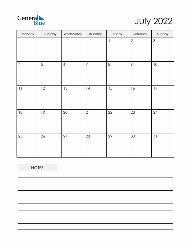 Printable Calendar with Notes - July 2022 