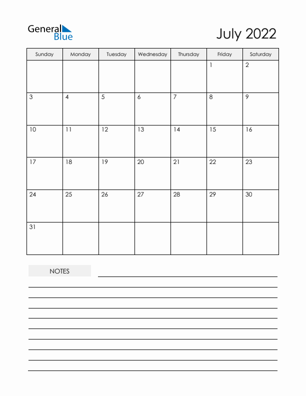 Printable Calendar with Notes - July 2022 