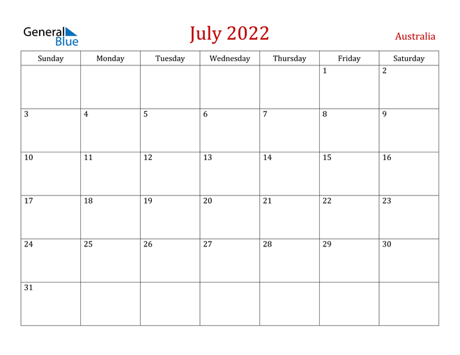 Australia July 2022 Calendar With Holidays