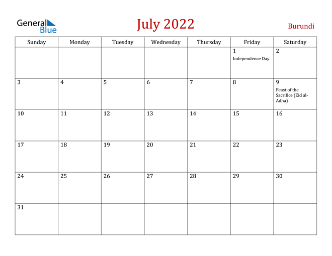 Burundi July 2022 Calendar