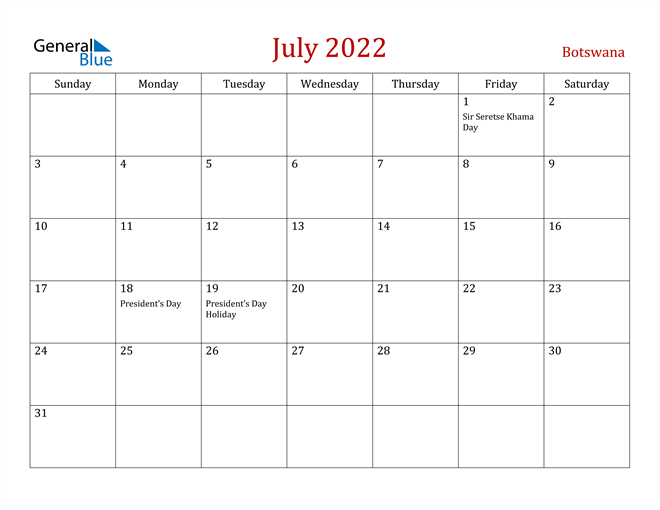 Botswana July 2022 Calendar