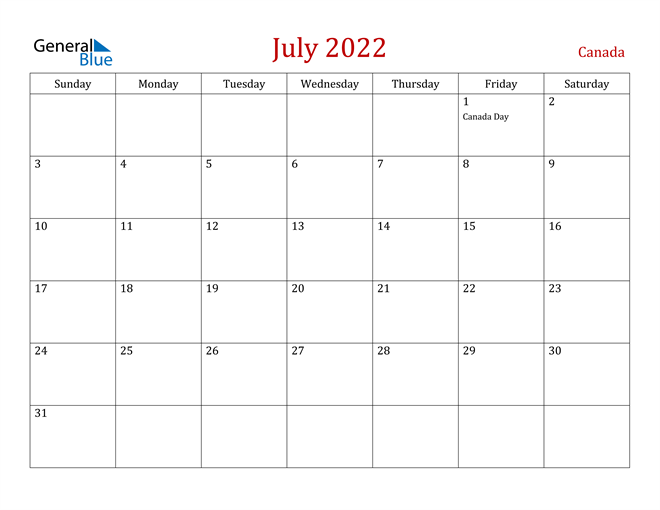 Canada July 2022 Calendar