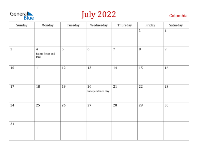 Colombia July 2022 Calendar