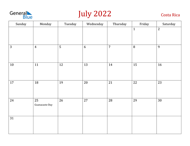 Costa Rica July 2022 Calendar