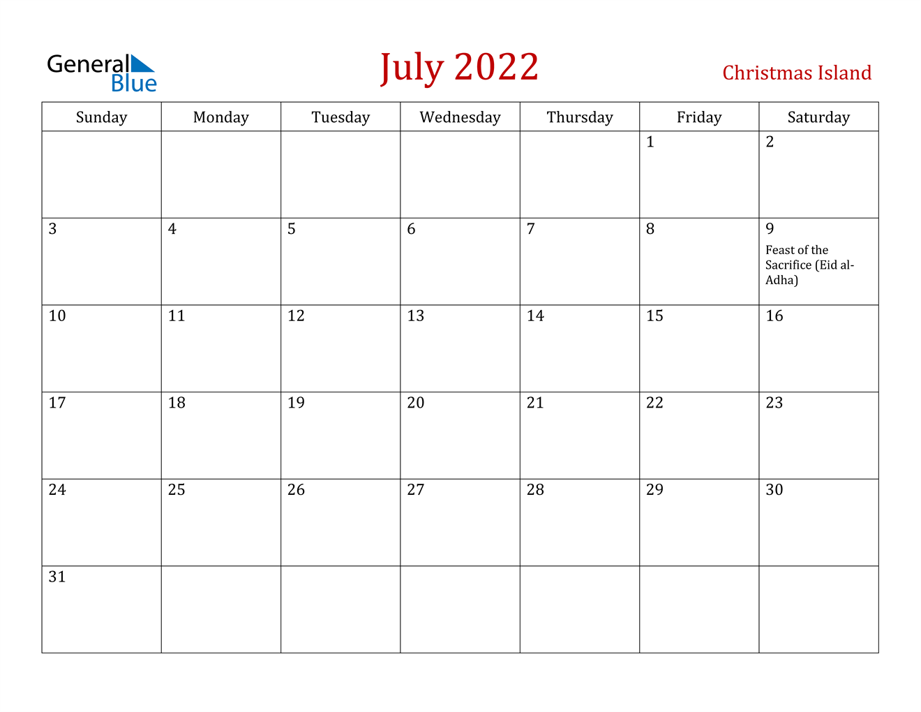 july 2022 calendar christmas island