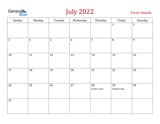 Faroe Islands July 2022 Calendar