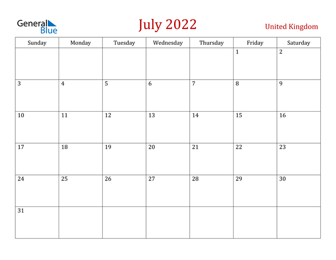 United Kingdom July 2022 Calendar