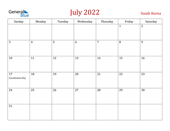 South Korea July 2022 Calendar