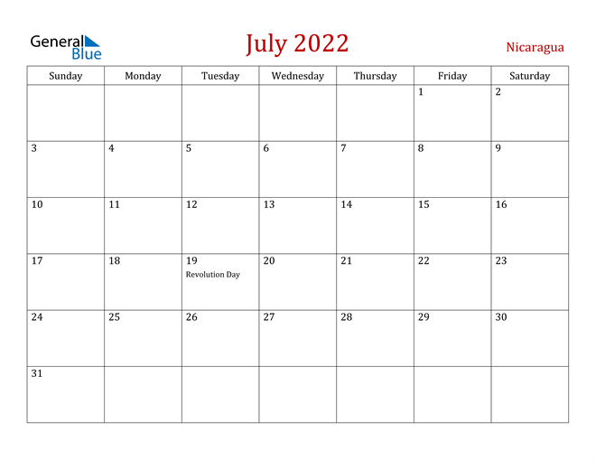 Nicaragua July 2022 Calendar