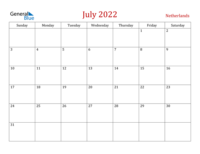 Netherlands July 2022 Calendar