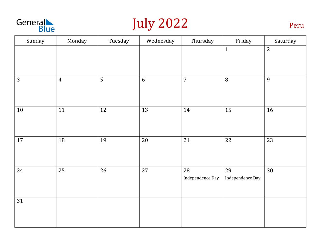 july 2022 calendar peru