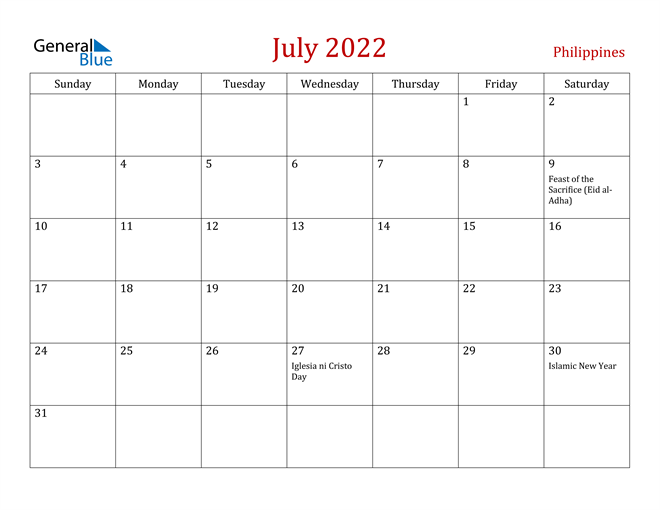 Philippines July 2022 Calendar