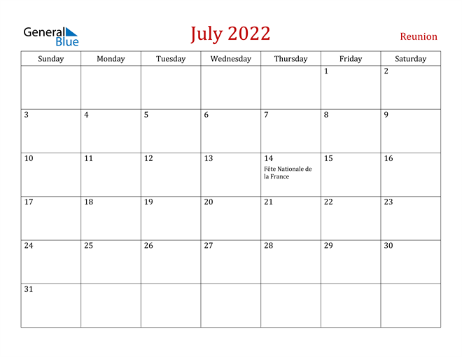 Reunion July 2022 Calendar