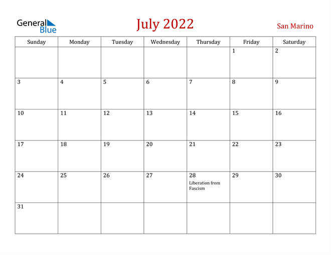 San Marino July 2022 Calendar