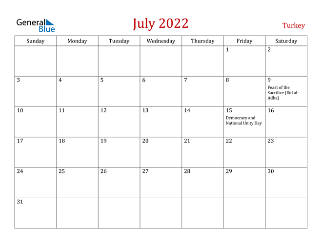Turkey July 2022 Calendar