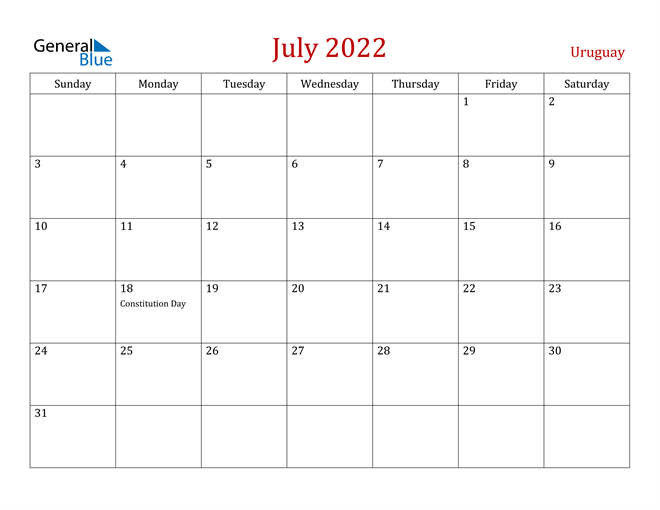 Uruguay July 2022 Calendar