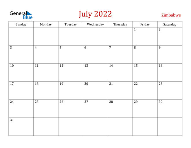 Zimbabwe July 2022 Calendar