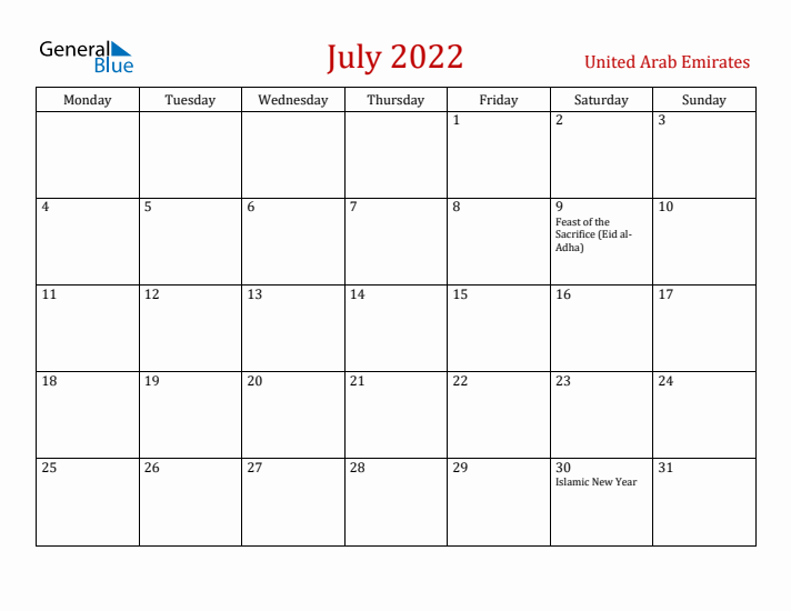 United Arab Emirates July 2022 Calendar - Monday Start