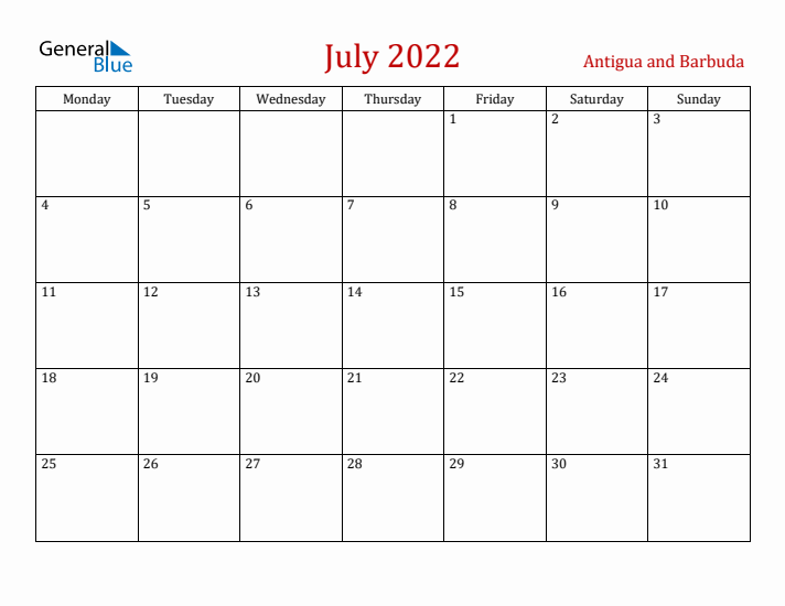 Antigua and Barbuda July 2022 Calendar - Monday Start