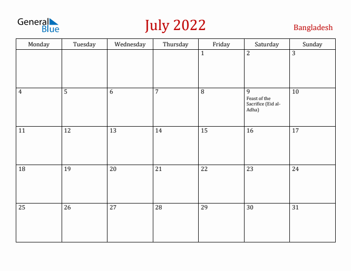 Bangladesh July 2022 Calendar - Monday Start
