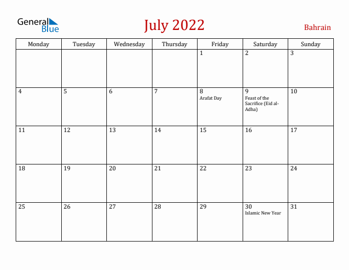 Bahrain July 2022 Calendar - Monday Start