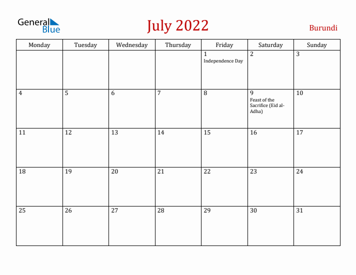 Burundi July 2022 Calendar - Monday Start