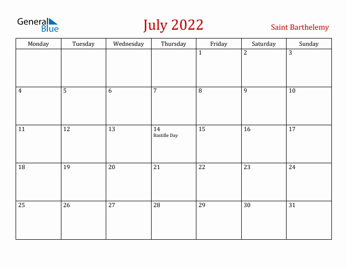 Saint Barthelemy July 2022 Calendar - Monday Start