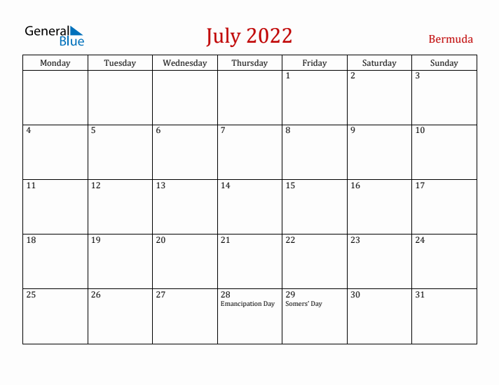 Bermuda July 2022 Calendar - Monday Start