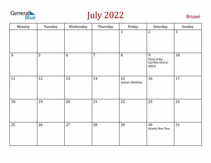 Brunei July 2022 Calendar - Monday Start