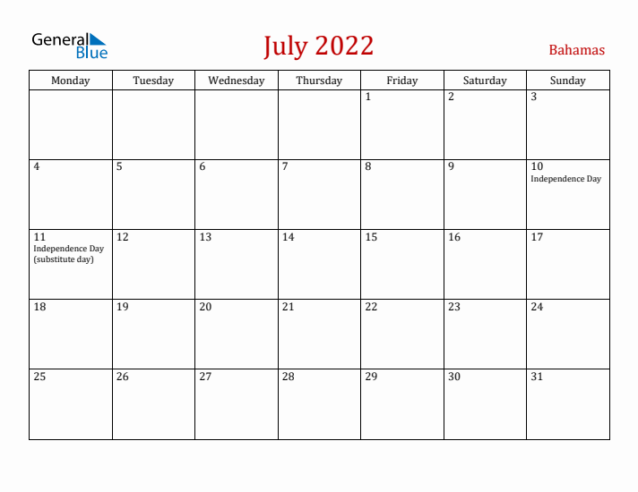Bahamas July 2022 Calendar - Monday Start