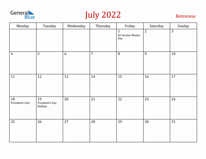 Botswana July 2022 Calendar - Monday Start