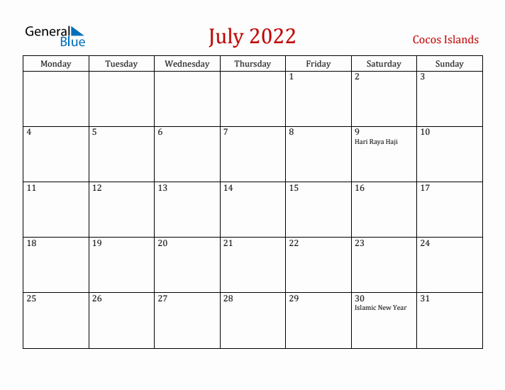 Cocos Islands July 2022 Calendar - Monday Start
