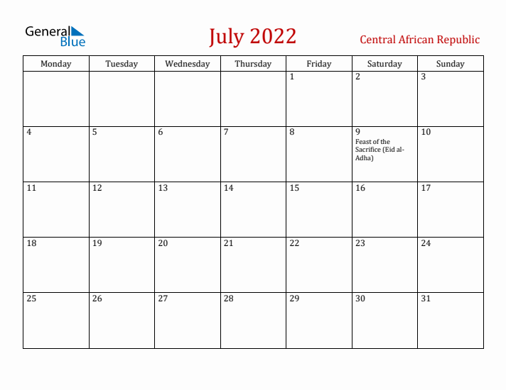 Central African Republic July 2022 Calendar - Monday Start