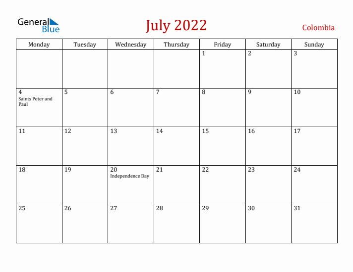 Colombia July 2022 Calendar - Monday Start