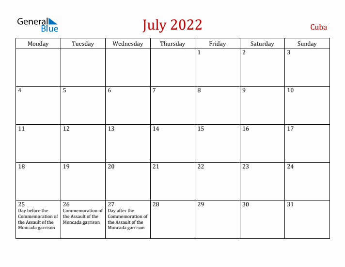 Cuba July 2022 Calendar - Monday Start