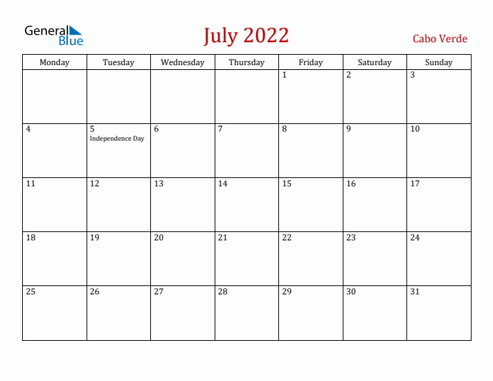 Cabo Verde July 2022 Calendar - Monday Start