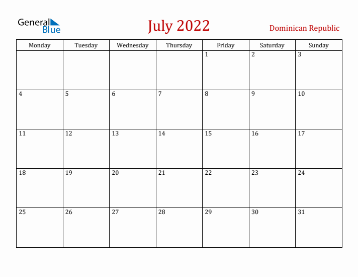 Dominican Republic July 2022 Calendar - Monday Start
