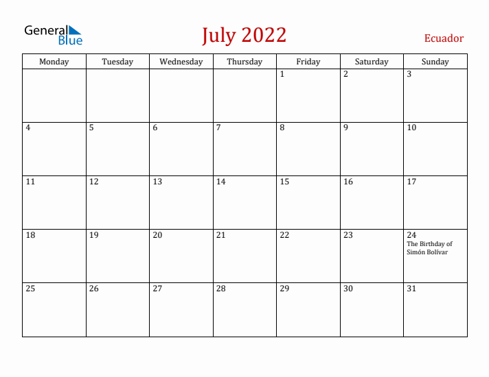 Ecuador July 2022 Calendar - Monday Start