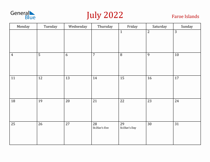 Faroe Islands July 2022 Calendar - Monday Start