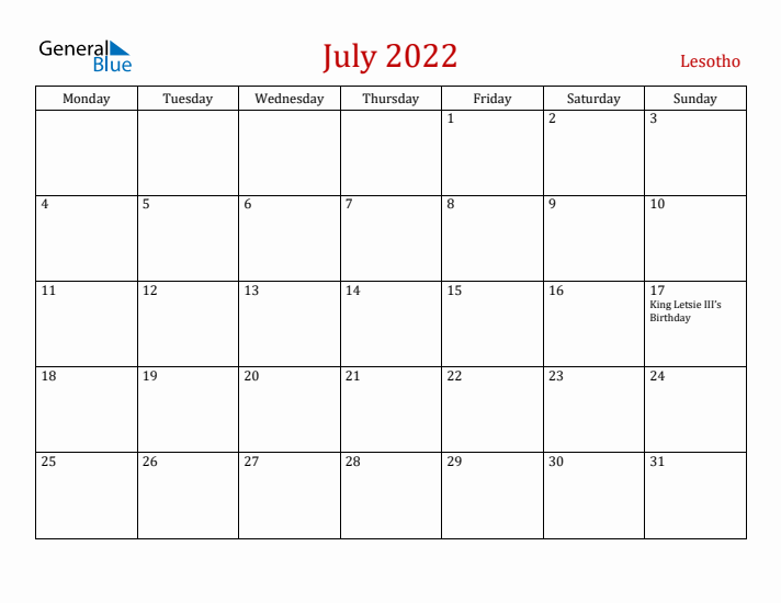 Lesotho July 2022 Calendar - Monday Start
