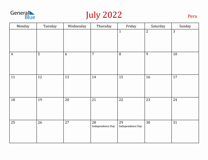 Peru July 2022 Calendar - Monday Start