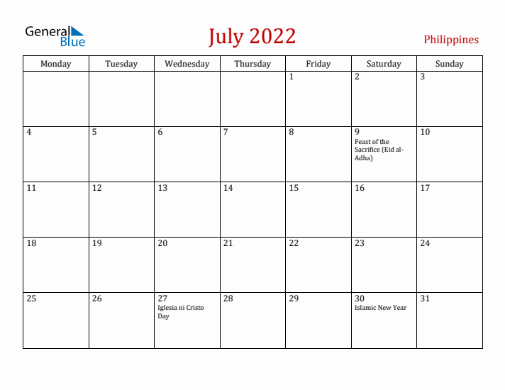 Philippines July 2022 Calendar - Monday Start