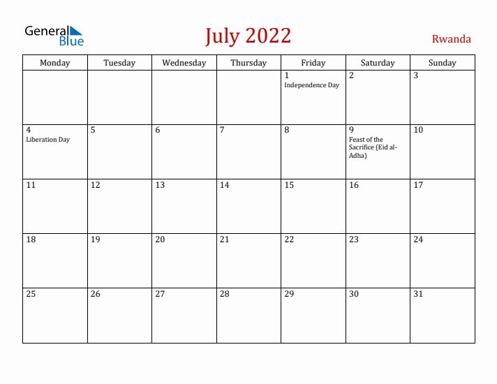 Rwanda July 2022 Calendar - Monday Start