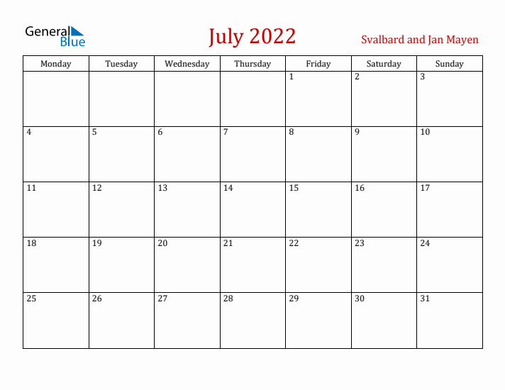 Svalbard and Jan Mayen July 2022 Calendar - Monday Start