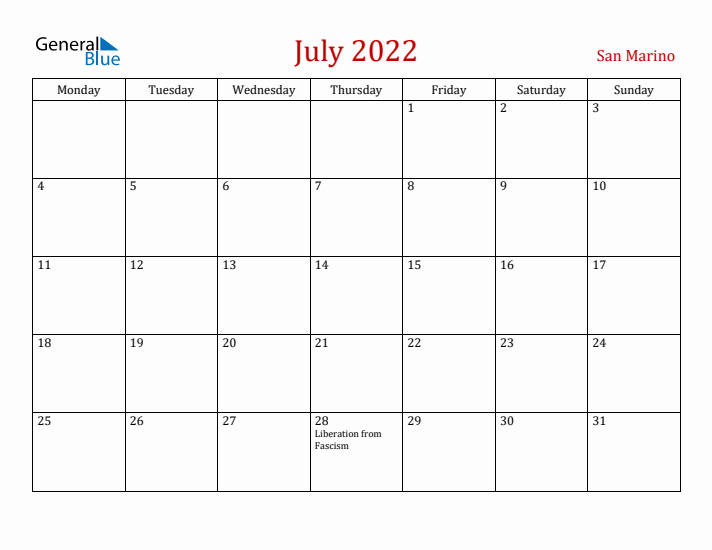 San Marino July 2022 Calendar - Monday Start